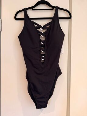 Bleu Rod Beattie Black One-Piece Graphic measures swimsuit w/ Lattice Detail